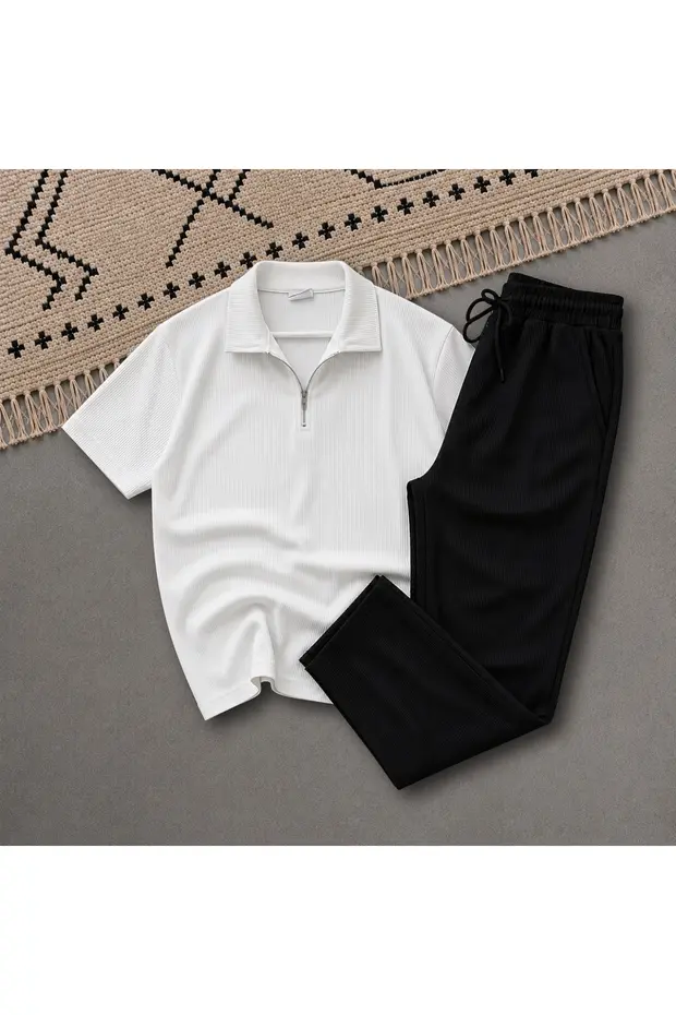 Yeni Sezon Premium Kumaş Fitilli Ottoman Yazlık Fermuarlı T-shirt ve Eşofman Altı 2'li Takım